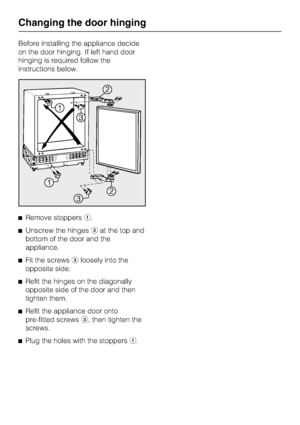 Page 26Before installing the appliance decide
on the door hinging. If left hand door
hinging is required follow the
instructions below.
Remove stoppers.
Unscrew the hingesat the top and
bottom of the door and the
appliance.

Fit the screwsloosely into the
opposite side.

Refit the hinges on the diagonally
opposite side of the door and then
tighten them.

Refit the appliance door onto
pre-fitted screws, then tighten the
screws.

Plug the holes with the stoppers.
Changing the door hinging
26
 