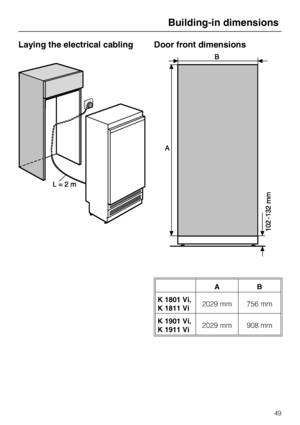 Page 49Laying the electrical cabling Door front dimensions
AB
K 1801 Vi,
K 1811 Vi2029 mm 756 mm
K 1901 Vi,
K 1911 Vi2029 mm 908 mm
Building-in dimensions
49
 