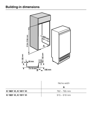 Page 48Niche width
A
K 1801 Vi, K 1811 Vi762 – 765 mm
K 1901 Vi, K 1911 Vi915 – 918 mm
Building-in dimensions
48
 