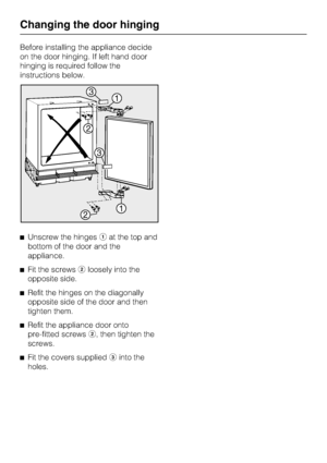 Page 28Before installing the appliance decide
on the door hinging. If left hand door
hinging is required follow the
instructions below.
Unscrew the hingesat the top and
bottom of the door and the
appliance.
Fit the screwsloosely into the
opposite side.

Refit the hinges on the diagonally
opposite side of the door and then
tighten them.

Refit the appliance door onto
pre-fitted screws, then tighten the
screws.

Fit the covers suppliedinto the
holes.
Changing the door hinging
28
 