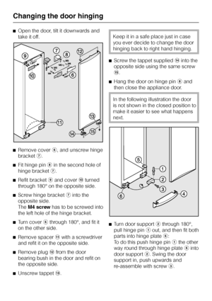 Page 32^Open the door, tilt it downwards and
take it off.
^Remove coverf, and unscrew hinge
bracketg.
^Fit hinge pinhin the second hole of
hinge bracketg.
^Refit bracketiand coverjturned
through 180° on the opposite side.
^
Screw hinge bracketginto the
opposite side.
TheM4 screwhas to be screwed into
the left hole of the hinge bracket.
^
Turn coverfthrough 180°, and fit it
on the other side.
^
Remove spacerkwith a screwdriver
and refit it on the opposite side.
^
Remove pluglfrom the door
bearing bush in the...