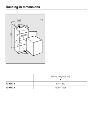 Page 40Niche height [mm]
A
K 9212 i874 - 890
K 9412 i1220 - 1236
Building-in dimensions
40
200 cm2
A
2100
200cm238
560-568
550
[mm]
 