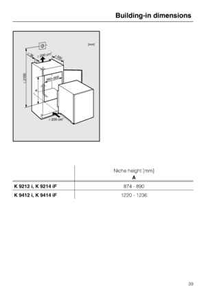 Page 39Niche height [mm]
A
K 9212 i, K 9214 iF874 - 890
K 9412 i, K 9414 iF1220 - 1236
Building-in dimensions
39
200 cm2
A
2100
200 cm238
560-568
550
[mm]
 