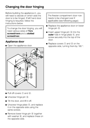 Page 40Before building the appliance in, you
will need to decide on which side the
door is to be hinged. If left hand door
hinging is required, follow the
instructions below.
To change the door hinging, you will
need various sizes ofTorx
screwdriversand aslotted
screwdriver.
Appliance door
^Open the appliance door.
^
Pull off coversaandb.
^
Unscrew hinge pinc.
^
Tilt the door, and lift it off.
^
Unscrew hinge plated, and replace
it on the opposite side using the
same screws.
^
Remove lower hinge pinetogether...