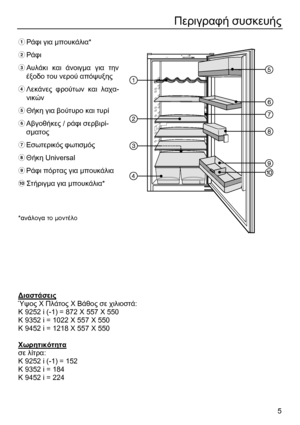 Page 5 
5 
Περιγραφή συσκευής 
 
 Ράφι για µπουκάλια* 
 Ράφι 
 
Αυλάκι και άνοιγµα για την
έξοδο του νερού απόψυξης 
 Λεκάνες φρούτων και λαχα-
νικών 
 Θήκη για βούτυρο και τυρί 
 Αβγοθήκες / ράφι σερβιρί-
σµατος 
 Εσωτερικός φωτισµός 
 Θήκη Universal 
 Ράφι πόρτας για µπουκάλια 
 Στήριγµα για µπουκάλια* 
 
 
 
*ανάλογα το µοντέλο 
  
 
 
 
 
 
 
 
∆ιαστάσεις
  
Ύψος Χ Πλάτος Χ Βάθος σε χιλιοστά: 
Κ 9252 i (-1) = 872 Χ 557 Χ 550 
K 9352 i = 1022 Χ 557 Χ 550 
K 9452 i = 1218 Χ 557 Χ 550...