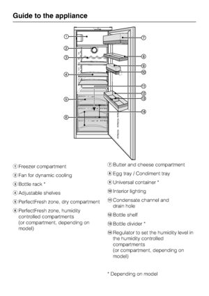 Page 6aFreezer compartment
bFan for dynamic cooling
cBottle rack *
dAdjustable shelves
ePerfectFresh zone, dry compartment
fPerfectFresh zone, humidity
controlled compartments
(or compartment, depending on
model)gButter and cheese compartment
hEgg tray / Condiment tray
iUniversal container *
jInterior lighting
kCondensate channel and
drain hole
lBottle shelf
mBottle divider *
nRegulator to set the humidity level in
the humidity controlled
compartments
(or compartment, depending on
model)
* Depending on model...