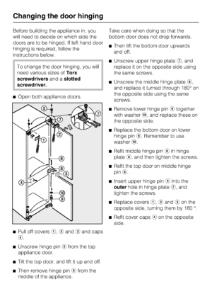 Page 40Before building the appliance in, you
will need to decide on which side the
doors are to be hinged. If left hand door
hinging is required, follow the
instructions below.
To change the door hinging, you will
need various sizes ofTorx
screwdriversand aslotted
screwdriver.
^Open both appliance doors.
^
Pull off coversa,bandcand caps
d.
^
Unscrew hinge pinefrom the top
appliance door.
^
Tilt the top door, and lift it up and off.
^
Then remove hinge pinffrom the
middle of the appliance.Take care when doing so...