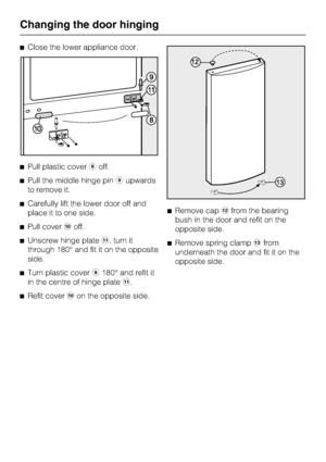 Page 42^Close the lower appliance door.
^Pull plastic coverhoff.
^Pull the middle hinge piniupwards
to remove it.
^Carefully lift the lower door off and
place it to one side.
^Pull coverjoff.
^Unscrew hinge platek, turn it
through 180° and fit it on the opposite
side.
^Turn plastic coverh180° and refit it
in the centre of hinge platek.
^
Refit coverjon the opposite side.^Remove caplfrom the bearing
bush in the door and refit on the
opposite side.
^Remove spring clampmfrom
underneath the door and fit it on the...