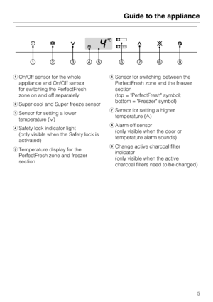 Page 5aOn/Off sensor for the whole
appliance and On/Off sensor
for switching the PerfectFresh
zone on and off separately
bSuper cool and Super freeze sensor
cSensor for setting a lower
temperature ()
dSafety lock indicator light
(only visible when the Safety lock is
activated)
eTemperature display for the
PerfectFresh zone and freezer
sectionfSensor for switching between the
PerfectFresh zone and the freezer
section
(top = PerfectFresh symbol;
bottom = Freezer symbol)
gSensor for setting a higher
temperature...