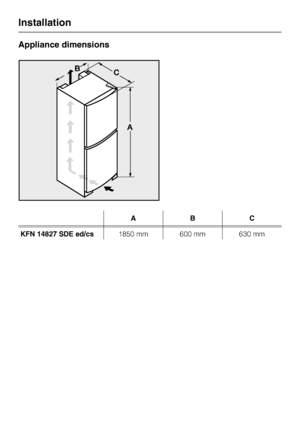 Page 60Appliance dimensions
ABC
KFN 14827 SDE ed/cs1850 mm 600 mm 630 mm
Installation
60
 