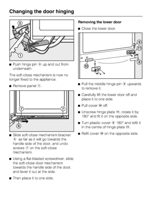 Page 70^Push hinge pineup and out from
underneath.
The soft-close mechanism is now no
longer fixed to the appliance.
^Remove panela.
^
Slide soft-close mechanism bracket
fas far as it will go towards the
handle side of the door, and undo
screwsgon the soft-close
mechanism.
^
Using a flat-bladed screwdriver, slide
the soft-close door mechanism
towards the handle side of the door,
and lever it out at the side.
^
Then place it to one side.Removing the lower door
^Close the lower door.
^Pull the middle hinge...