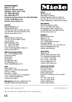 Page 68Alteration rights reserved / 0811
KFN 14943 SD, KFN 14943 SD ed/cs, KFN 14842 SD ed/csM.-Nr. 09 020 880 / 01
 