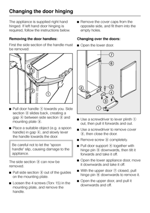 Page 42The appliance is supplied right hand
hinged. If left hand door hinging is
required, follow the instructions below.
Removing the door handles:
First the side section of the handle must
be removed:
^Pull door handleatowards you. Side
sectionbslides back, creating a
gapdbetween side sectionband
mounting platec.
^
Place a suitable object (e.g. a spoon
handle) in gapd, and slowly lever
the handle towards the door.
Be careful not to let the spoon
handle slip, causing damage to the
appliance.
The side...