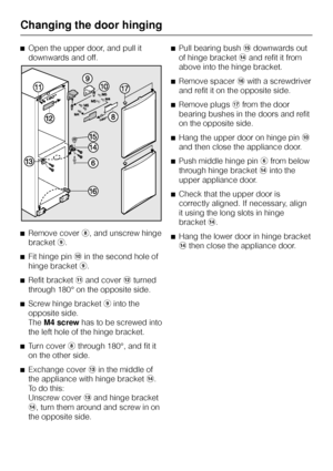 Page 46^Open the upper door, and pull it
downwards and off.
^Remove coverh, and unscrew hinge
bracketi.
^Fit hinge pinjin the second hole of
hinge bracketi.
^Refit bracketkand coverlturned
through 180° on the opposite side.
^
Screw hinge bracketiinto the
opposite side.
TheM4 screwhas to be screwed into
the left hole of the hinge bracket.
^
Turn coverhthrough 180°, and fit it
on the other side.
^
Exchange covermin the middle of
the appliance with hinge bracketn.
To do this:
Unscrew covermand hinge bracket
n,...