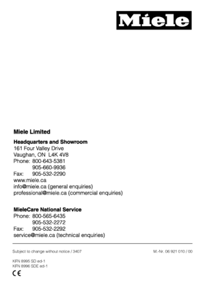 Page 60Subject to change without notice / 3407
KFN 8995 SD ed-1
KFN 8996 SDE ed-1M.-Nr. 06 921 010 / 00
 