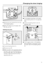 Page 51^Remove the two screws from the top
of the bearing block.
^Swing the door out to the side, then
lift it up and off.
Refitting the parts:
^
Unscrew bearing blocke.
^
Remove coverf.
^
Refit coverfon the opposite side by
turning it 180° and then pushing it in
from the side. Netx, turn the earthing
contactgaround and fit it on the
opposite side, too.^Fit the spacer bushings at the back
of the bearing block on the opposite
side.
^Screw the bearing block onto the
opposite side.
^
Pull the grey cover on the...