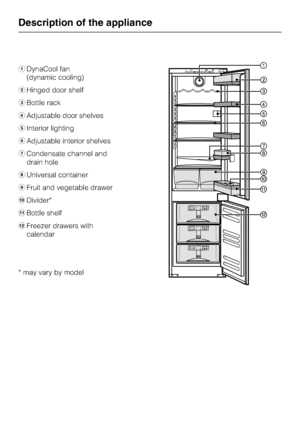 Page 8aDynaCool fan
(dynamic cooling)
bHinged door shelf
cBottle rack
dAdjustable door shelves
eInterior lighting
fAdjustable interior shelves
gCondensate channel and
drain hole
hUniversal container
iFruit and vegetable drawer
jDivider*
kBottle shelf
lFreezer drawers with
calendar
* may vary by model
Description of the appliance
8
 