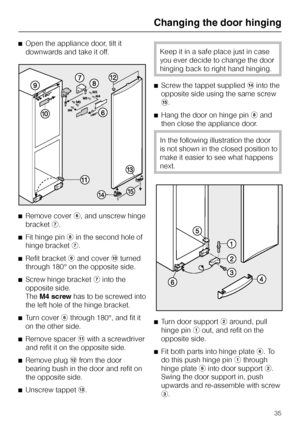 Page 35^Open the appliance door, tilt it
downwards and take it off.
^Remove coverf, and unscrew hinge
bracketg.
^Fit hinge pinhin the second hole of
hinge bracketg.
^
Refit bracketiand coverjturned
through 180° on the opposite side.
^
Screw hinge bracketginto the
opposite side.
TheM4 screwhas to be screwed into
the left hole of the hinge bracket.
^
Turn coverfthrough 180°, and fit it
on the other side.
^
Remove spacerkwith a screwdriver
and refit it on the opposite side.
^
Remove pluglfrom the door
bearing bush...