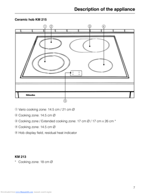 Page 7Downloaded from www.Manualslib.com manuals search engine Ceramic hob KM 215
b Vario cooking zone: 14.5 cm / 21 cm Ø
c Cooking zone: 14.5 cm Ø
d Cooking zone / Extended cooking zone: 17 cm Ø / 17 cm x 26 cm *
e Cooking zone: 14.5 cm Ø
f Hob display field, residual heat indicator
KM 213
* Cooking zone: 18 cm Ø
Description of the appliance
7  