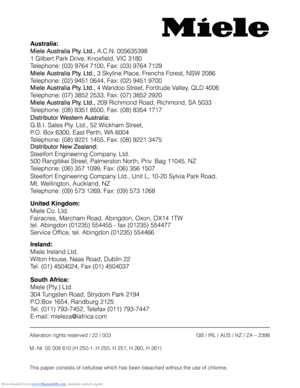 Page 68Downloaded from www.Manualslib.com manuals search engine Alteration rights reserved / 22 / 003 GB / IRL / AUS / NZ / ZA – 2398
M.-Nr. 05 008 610 (H 250-1, H 250, H 251, H 260, H 261)
This paper consists of cellulose which has been bleached without the use of chlorine.  