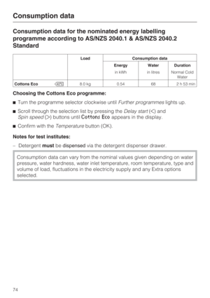 Page 74Consumption data for the nominated energy labelling
programme according to AS/NZS 2040.1 & AS/NZS 2040.2
Standard
Notes for test institutes:
– Detergentmustbedispensedvia the detergent dispenser drawer.
Consumption data can vary from the nominal values given depending on water
pressure, water hardness, water inlet temperature, room temperature, type and
volume of load, fluctuations in the electricity supply and any Extra options
selected.
Consumption data
74
Load Consumption data
Energy Water Duration
in...