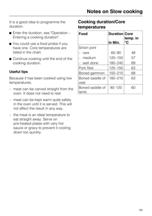 Page 44It is a good idea to programme the
duration.
Enter the duration, see "Operation –
Entering a cooking duration".
You could use a food probe if you
have one. Core temperatures are
listed in the chart.
Continue cooking until the end of the
cooking duration.
Useful tips
Because it has been cooked using low
temperatures,
– meat can be carved straight from the
oven. It does not need to rest.
– meat can be kept warm quite safely
in the oven until it is served. This will
not affect the result in any...