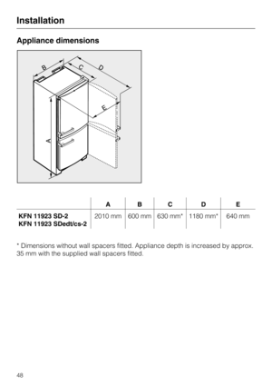 Page 48Appliance dimensions
ABC D E
KFN 11923 SD-2
KFN 11923 SDedt/cs-22010 mm 600 mm 630 mm* 1180 mm* 640 mm
* Dimensions without wall spacers fitted. Appliance depth is increased by approx.
35 mm with the supplied wall spacers fitted.
Installation
48 