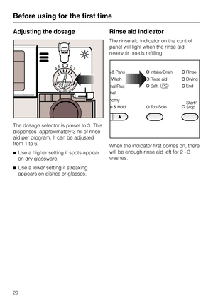 Page 20Adjusting the dosage
The dosage selector is preset to 3. This
dispenses  approximately 3 ml of rinse
aid per program. It can be adjusted
from 1 to 6.
^Use a higher setting if spots appear
on dry glassware.
^Use a lower setting if streaking
appears on dishes or glasses.
Rinse aid indicator
The rinse aid indicator on the control
panel will light when the rinse aid
reservoir needs refilling.
When the indicator first comes on, there
will be enough rinse aid left for 2 - 3
washes.
Before using for the first...