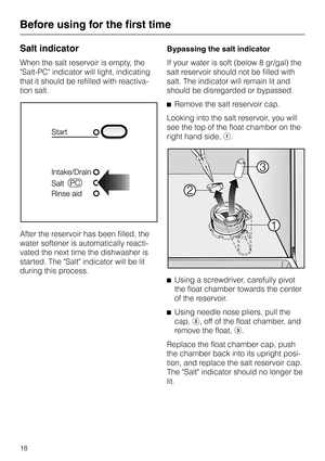 Page 18Salt indicator
When the salt reservoir is empty, the
Salt-PC indicator will light, indicating
that it should be refilled with reactiva
-
tion salt.
After the reservoir has been filled, the
water softener is automatically reacti-
vated the next time the dishwasher is
started. The Salt indicator will be lit
during this process.Bypassing the salt indicator
If your water is soft (below 8 gr/gal) the
salt reservoir should not be filled with
salt. The indicator will remain lit and
should be disregarded or...