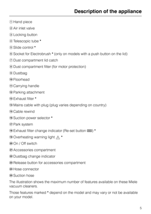 Page 5aHand piece
bAir inlet valve
cLocking button
dTelescopic tube*
eSlide control*
fSocket for Electrobrush*(only on models with a push button on the lid)
gDust compartment lid catch
hDust compartment filter (for motor protection)
iDustbag
jFloorhead
kCarrying handle
lParking attachment
mExhaust filter*
nMains cable with plug (plug varies depending on country)
oCable rewind
pSuction power selector*
qPark system
rExhaust filter change indicator (Re-set button7)*
sOverheating warning light,*
tOn / Off switch...