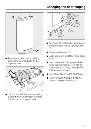 Page 41Remove cap	from the bearing
bush in the door and refit on the
opposite side.

Using a screwdriver, remove spring
clamp
from underneath the door
and fit it on the opposite side.Pull hinge pintogether with disc
and adjustable footupwards and
off.
Remove cover cap.
Undo screwsand take hinge plate
off.
Undo the screw of hinge part	on
hinge plateslightly. Fit it into the
hole opposite in hinge plateand
tighten up the screw.
Refit cover capin the other hole.

Remove coverand fit it into the...