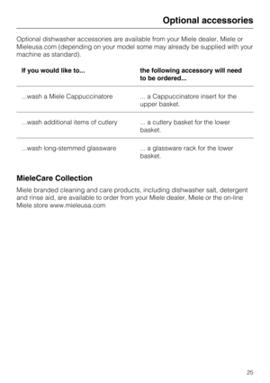 Page 25Optional dishwasher accessories are available from your Miele dealer, Miele or
Mieleusa.com (depending on your model some may already be supplied with your
machine as standard).
If you would like to... the following accessory will need
to be ordered...
...wash a Miele Cappuccinatore ... a Cappuccinatore insert for the
upper basket.
...wash additional items of cutlery ... a cutlery basket for the lower
basket.
...wash long-stemmed glassware ... a glassware rack for the lower
basket.
MieleCare Collection...