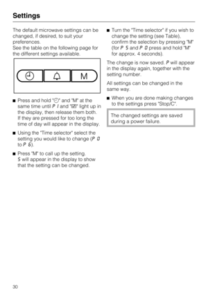 Page 30The default microwave settings can be
changed, if desired, to suit your
preferences.
See the table on the following page for
the different settings available.
Press and hold  and M at the
same time untilPIand  light up in
the display, then release them both.
If they are pressed for too long the
time of day will appear in the display.
Using the Time selector select the
setting you would like to change (P0
toP6).
Press M to call up the setting.
Swill appear in the display to show
that the setting can...