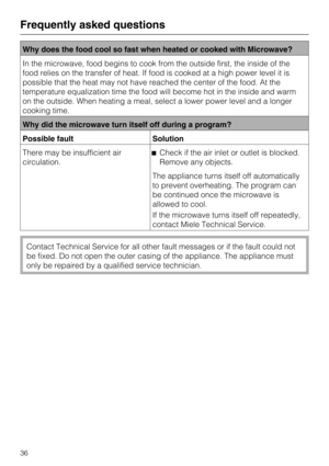 Page 36Why does the food cool so fast when heated or cooked with Microwave?
In the microwave, food begins to cook from the outside first, the inside of the
food relies on the transfer of heat. If food is cooked at a high power level it is
possible that the heat may not have reached the center of the food. At the
temperature equalization time the food will become hot in the inside and warm
on the outside. When heating a meal, select a lower power level and a longer
cooking time.
Why did the microwave turn itself...