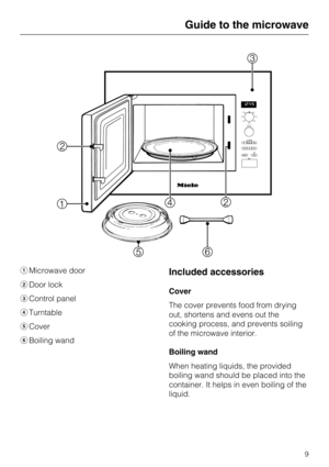 Page 9Microwave door
Door lock
Control panel
Turntable
Cover
Boiling wandIncluded accessories
Cover
The cover prevents food from drying
out, shortens and evens out the
cooking process, and prevents soiling
of the microwave interior.
Boiling wand
When heating liquids, the provided
boiling wand should be placed into the
container. It helps in even boiling of the
liquid.
Guide to the microwave
9 