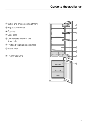 Page 5Butter and cheese compartment
Adjustable shelves
Egg tray
Door shelf
Condensate channel and
drain hole
Fruit and vegetable containers
Bottle shelf
	Freezer drawers
Guide to the appliance
5 