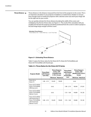 Page 32Installation
16 Vidikron Vision Model 65/Model 75 Installation/Operation Manual
Throw DistanceThrow distance is the distance measured from the front of the projector to the screen. This is 
an important calculation in any projector installation as it determines whether or not you 
have enough room to install your projector with a desired screen size and if your image will 
be the right size for your screen.
You can quickly estimate the throw distance by taking the width of the screen and 
multiplying it...