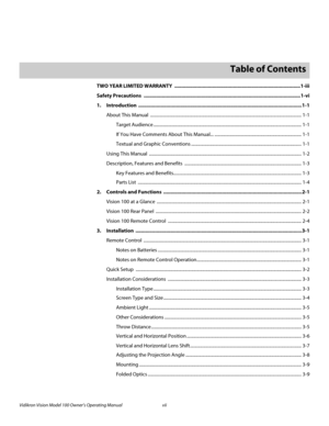 Page 7Vidikron Vision Model 100 Owner’s Operating Manual vii 
1Table of Contents
TWO YEAR LIMITED WARRANTY  ..........................................................................................1-iii
Safety Precautions  ................................................................................................................ 1-vi
1.Introduction .....................................................................................................................1-1
About This Manual...