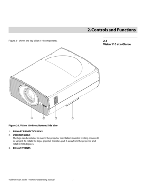 Page 17Vidikron Vision Model 110 Owner’s Operating Manual 5 
PREL
IMINARY
2.1 
Vision 110 at a Glance
Figure 2-1 shows the key Vision 110 components. 
Figure 2-1. Vision 110 Front/Bottom/Side View
1.PRIMARY PROJECTION LENS
2.VIDIKRON LOGO 
The logo can be rotated to match the projector orientation: inverted (ceiling-mounted) 
or upright. To rotate the logo, grip it at the sides, pull it away from the projector and 
rotate it 180 degrees. 
3.EXHAUST VENTS
2. Controls and Functions
3 1
3 2 