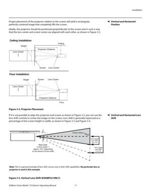 Page 29Installation
Vidikron Vision Model 110 Owner’s Operating Manual 17 
PREL
IMINARY
Vertical and Horizontal 
Position 
Proper placement of the projector relative to the screen will yield a rectangular, 
perfectly-centered image that completely fills the screen.
Ideally, the projector should be positioned perpendicular to the screen and in such a way 
that the lens center and screen center are aligned with each other, as shown in 
Figure 3-2.
Figure 3-2. Projector Placement
Vertical and Horizontal Lens...