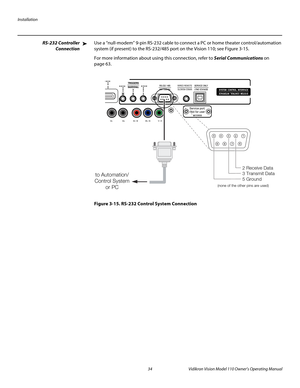 Page 46Installation
34 Vidikron Vision Model 110 Owner’s Operating Manual
PREL
IMINARY
RS-232 Controller 
Connection
Use a “null-modem” 9-pin RS-232 cable to connect a PC or home theater control/automation 
system (if present) to the RS-232/485 port on the Vision 110; see 
Figure 3-15. 
For more information about using this connection, refer to Serial Communications on 
page 63.
Figure 3-15. RS-232 Control System Connection
➤
WIRED REMOTEWIRED REMOTE
Service port.
Not for user
access
12345
7896
to Automation/...