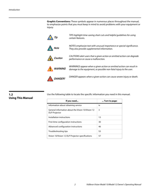 Page 12Introduction
2 Vidikron Vision Model 10/Model 12 Owner’s Operating Manual
PREL
IMINARY
Graphic Conventions: These symbols appear in numerous places throughout the manual, 
to emphasize points that you must keep in mind to avoid problems with your equipment or 
injury: 
1.2 
Using This Manual
Use the following table to locate the specific information you need in this manual. 
TIPS highlight time-saving short cuts and helpful guidelines for using 
certain features. 
NOTES emphasize text with unusual...