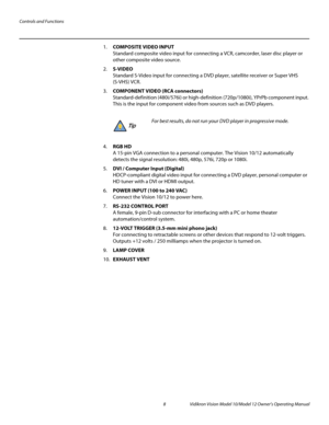 Page 18Controls and Functions
8 Vidikron Vision Model 10/Model 12 Owner’s Operating Manual
PREL
IMINARY
1.COMPOSITE VIDEO INPUT 
Standard composite video input for connecting a VCR, camcorder, laser disc player or 
other composite video source.
2.S-VIDEO 
Standard S-Video input for connecting a DVD player, satellite receiver or Super VHS 
(S-VHS) VCR. 
3.COMPONENT VIDEO (RCA connectors) 
Standard-definition (480i/576i) or high-definition (720p/1080i), YPrPb component input. 
This is the input for component...