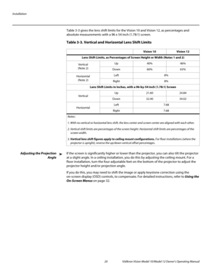 Page 30Installation
20 Vidikron Vision Model 10/Model 12 Owner’s Operating Manual
PREL
IMINARY
Table 3-3 gives the lens shift limits for the Vision 10 and Vision 12, as percentages and 
absolute measurements with a 96 x 54 inch (1.78:1) screen. 
Adjusting the Projection 
Angle
If the screen is significantly higher or lower than the projector, you can also tilt the projector 
at a slight angle. In a ceiling installation, you do this by adjusting the ceiling mount. For a 
floor installation, turn the four...