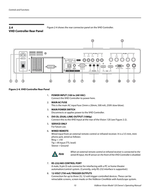 Page 22Controls and Functions
10 Vidikron Vision Model 120 Owner’s Operating Manual
PREL
IMINARY
2.4 
VHD Controller Rear Panel
Figure 2-4 shows the rear connector panel on the VHD Controller.
Figure 2-4. VHD Controller Rear Panel
1.POWER INPUT (100 to 240 VAC) 
Connect the VHD Controller to power here. 
2.MAIN AC FUSE 
This is the main AC input fuse (5mm x 20mm, 500 mA, 250V slow-blow). 
3.MAIN POWER SWITCH 
Disconnects or applies power to the VHD Controller.
4.DVI-DL (DUAL-LINK) OUTPUT (1080p) 
Connect this...