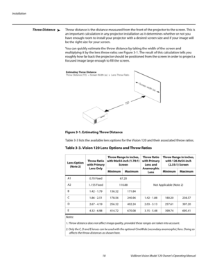 Page 30Installation
18 Vidikron Vision Model 120 Owner’s Operating Manual
PREL
IMINARY
Throw DistanceThrow distance is the distance measured from the front of the projector to the screen. This is 
an important calculation in any projector installation as it determines whether or not you 
have enough room to install your projector with a desired screen size and if your image will 
be the right size for your screen.
You can quickly estimate the throw distance by taking the width of the screen and 
multiplying it...