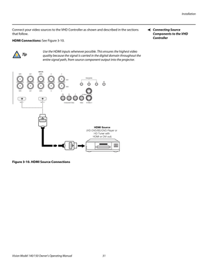 Page 43Installation
Vision Model 140/150 Owner’s Operating Manual 31 
PREL
IMINARY
Connecting Source 
Components to the VHD 
Controller 
Connect your video sources to the VHD Controller as shown and described in the sections 
that follow. 
HDMI Connections: See Figure 3-10. 
Figure 3-10. HDMI Source Connections
Use the HDMI inputs whenever possible. This ensures the highest video 
quality because the signal is carried in the digital domain throughout the 
entire signal path, from source component output into...