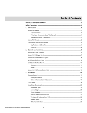 Page 7Vision Model 140/150 Owner’s Operating Manual vii 
1Table of Contents
PREL
IMINARY
TWO YEAR LIMITED WARRANTY  ............................................................................................. iii
Safety Precautions  ................................................................................................................... vi
1.Introduction ........................................................................................................................ 1
About This Manual...