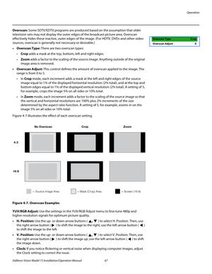 Page 61Operation
Vidikron Vision Model 15 Installation/Operation Manual 47 
Overscan: Some SDTV/EDTV programs are produced based on the assumption that older 
television sets may not display the outer edges of the broadcast picture area. 
Overscan 
effectively hides these inactive, outer edges of the image. (For HDTV, DVDs and other video 
sources, overscan is generally not necessary or desirable.)
•Overscan Type: There are two overscan types: 
Crop adds a mask at the top, bottom, left and right edges. 
Zoom...