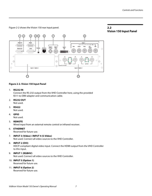 Page 19Controls and Functions
Vidikron Vision Model 150 Owner’s Operating Manual 7 
PREL
IMINARY
2.2 
Vision 150 Input Panel
Figure 2-2 shows the Vision 150 rear input panel. 
Figure 2-2. Vision 150 Input Panel
1.RS232 IN 
Connect the RS-232 output from the VHD Controller here, using the provided 
RJ11-to-DB9 adapter and communication cable. 
2.RS232 OUT  
Not used.
3.RS422  
Not used. 
4.GPIO  
Not used. 
5.REMOTE  
Wired input from an external remote control or infrared receiver.
6.ETHERNET  
Reserved for...